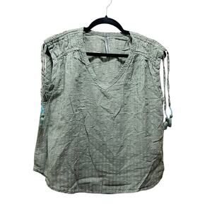 By Anthropologie Cap Sleeve Blouse Green V-Neck Cotton Sz XS